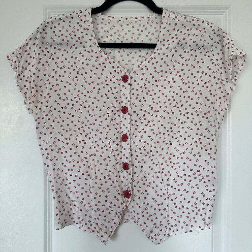 White & Red Pattern Button Up Blouse - Women’s S